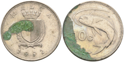 Мальта 10 центов 1992 золотая макрель KM 96 медно-никель 4588-241