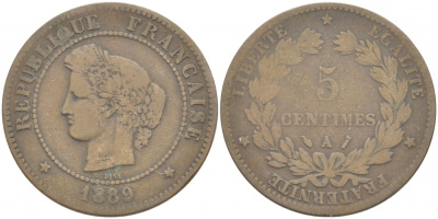 ФРАНЦИЯ 5 САНТИМОВ 1889 А, ТРЕТЬЯ РЕСПУБЛИКА (1871-1940) KM 821.1, LE FRANC 118.32 бронза 77-422