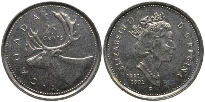 Канада 25 центов 2002 P, Елизавета II (1952-2022), кленовый лист, 50 лет правления KM 448 никель UNC 181-327