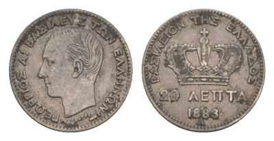 Греция 20 лепт 1883 A, Георг I (1863-1913) KM 44 серебро 1516-513