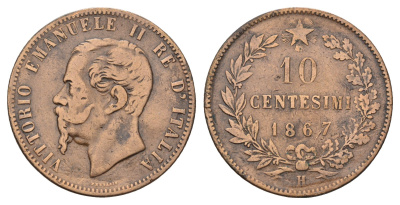 Италия 10 чентезимо 1867 H, Виктор Эммануил II (1861-1878) KM 11.3 медь 4645-715