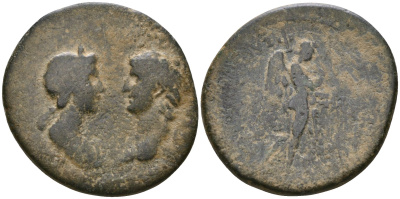 Римская Империя, Провинция Азия, Смирна AE 54 - 59 Нерон, бюсты Агриппины Младшей и Нерона / богиня Немезида с кадуцием (Very rare) RPC I 2479 бронза 1100-7-12