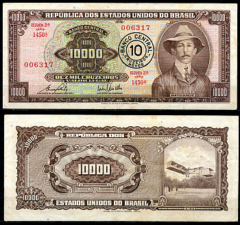 Бразилия 10 новых крузейро ND (1967) надпечатка на 10000 крузейро Pick 175, серия 1450 Pick 190 b бумага   00-00