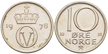 НОРВЕГИЯ 10 ЭРЕ 1978 ОЛАФ V (1957-1991) KM 416 медно-никель 3309-723