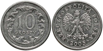 Польша 10 грошей 2005 MW KM 279 медно-никель 201-448
