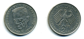 ФРГ 2 МАРКИ 1987 J, КУРТ ШУМАХЕР KM 149, J. 424 медно-никель плакированный никелем плакированный никелем 25-1926