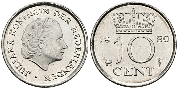 Нидерланды 10 центов 1980 Юлиана (1949-1980) KM 182 никель 96-358