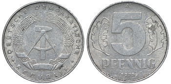 ГДР 5 ПФЕННИГОВ 1975 A KM 9.1 алюминий 62-325
