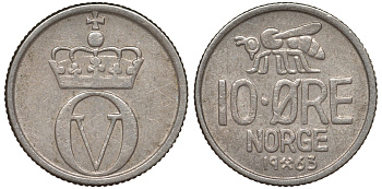 НОРВЕГИЯ 10 ЭРЕ 1963 KM 411 медно-никель 62-1153