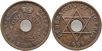 Нигерия 1 пенни 1959 Елизавета II (1952-), Британский протекторат KM 2 бронза 51-2042