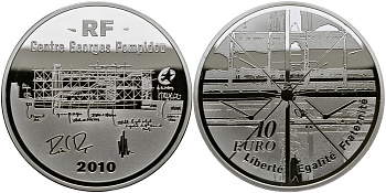 Франция 10 евро 2010 центр  Жоржа Помпиду KM 1686 серебро PROOF 1095-3-61