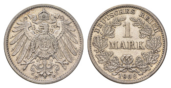 Германия 1 марка 1908 D, Вильгельм II (1888-1918) KM 14, J. 17 серебро 4626-213