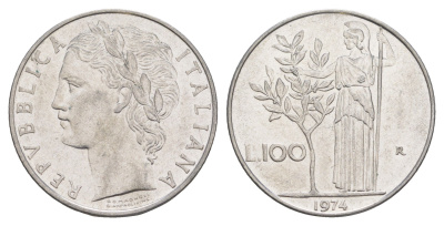 Италия 100 лир 1974 R, Афина у оливкого дерева KM 96.1 нержавеющая сталь 4529-316