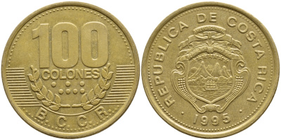 КОСТА-РИКА 100 КОЛОН 1995 B.C.C.R., ГОД ТИП KM 230 сталь плакированная латунью 63-623