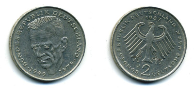 ФРГ 2 МАРКИ 1987 J, КУРТ ШУМАХЕР KM 149, J. 424 медно-никель плакированный никелем плакированный никелем 25-1926