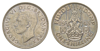 Великобритания 1 шиллинг 1943 Георг VI (1936-1952), Шотландский герб KM 854, Spink 4083 серебро aUNC 1516-145