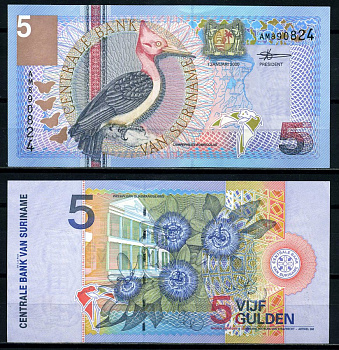 Суринам 5 гульденов 2000 птица Red-necked woodpecker, TDLR Pick 146 бумага UNC (пресс) 6285-46-3-2