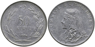 Турция 50 курушей 1974 Анатолийская невеста KM 899 нержавеющая сталь 4541-922