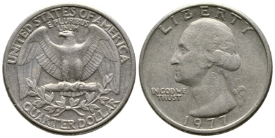 США 25 центов (квотер) 1977 Вашингтон KM A164a медь плакированная медно-никелем 4610-553