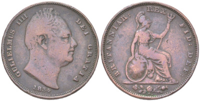 Великобритания 1 фартинг 1834 Вильгельм IV (1830-1837) KM 705, Spink 3848 медь 4613-364