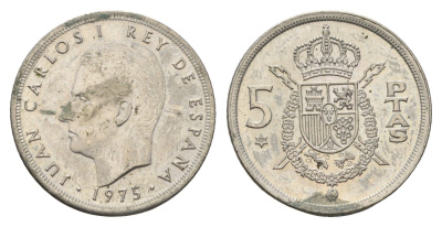 Испания 5 песет 1975 (79) Хуан Карлос I (1975-2014) KM 807 медно-никель 4673-1013