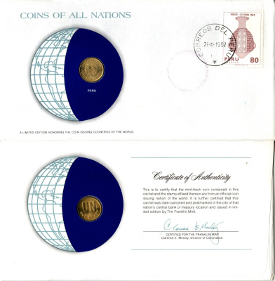Перу 1 соль 1980 конверт с маркой первого дня гашения, Coins of Nations KM 266.2 латунь UNC 4295-22-1