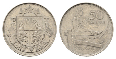 Латвия 50 сантимов 1922 год-тип KM 6 никель aUNC 4652-1044