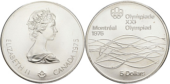 Канада 5 долларов 1975 XXI летние Олимпийские игры в Монреале 1976 года, плавание KM 100 серебро UNC 1525-514