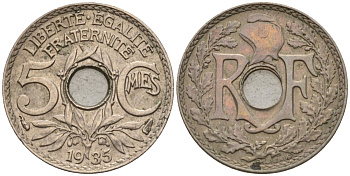 Франция 5 сантимов 1935 KM 875 медно-никель 4596-627