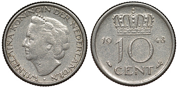 Нидерланды 10 центов 1948 Вильгельмина (1895-1948) KM 177 никель 71-454