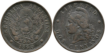 Аргентина 2 сентаво 1890 голова свободы влево KM 8 бронза 4531-933