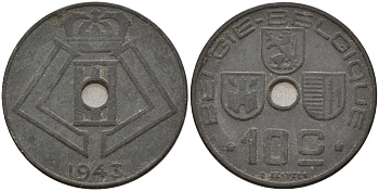 Бельгия 10 сантимов 1943 Belgie - Belgique, Леопольд III (1934-1947), германская оккупация, Вторая мировая война KM 126 цинк 4161-337