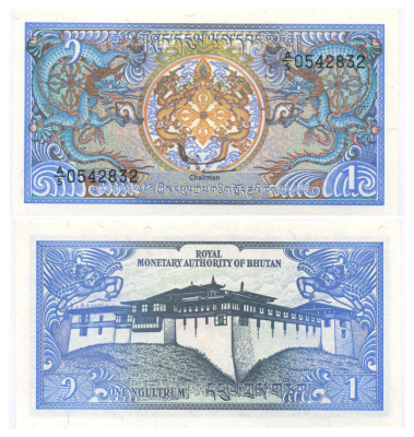 БУТАН 1 НГУЛТРУМ 1986 КОРОЛЕВСКАЯ ЭМБЛЕМА, РИНПУНГ-ДЗОНГ В ПАРО БУДДИЙСКИЙ МОНАСТЫРЬ Pick 12 бумага UNC (ПРЕСС) 445-20-2-1