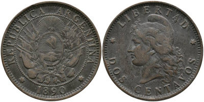 Аргентина 2 сентаво 1890 голова свободы влево KM 8 бронза 4531-933