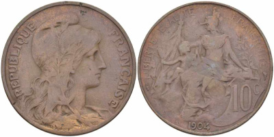 ФРАНЦИЯ 10 САНТИМОВ 1904 ТИП ДАНИЭЛЬ ДЮПЮИ KM 843, LA FRANC 136.14 бронза 109-221