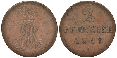 Ганновер 2 пфеннига 1843 A, Эрнст Август (1837-1851) KM 174.1, AKS 122, J. 55 медь 75-1752