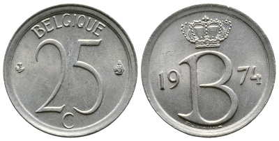 БЕЛЬГИЯ 25 САНТИМОВ 1974 BELGIQUE KM 153.1 медно-никель 4110-1625