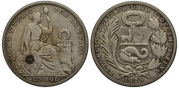 Перу 1 соль 1925 KM 218.1 серебро 272-841