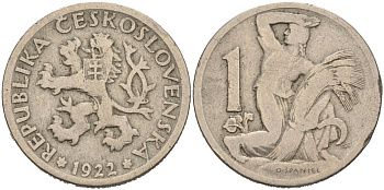 Чехословакия 1 крона 1922 женщина со снопом и серпом KM 4 медно-никель 4579-131
