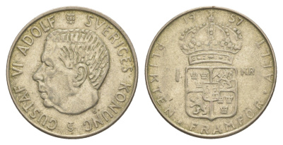 Швеция 1 крона 1957 TS, Густав VI Адольф (1950-1973) KM 826 серебро 4650-252