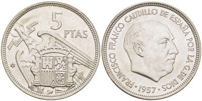 Испания 5 песет 1957 (77) Франциско Франко (1939-1975) KM 786 медно-никель UNC 216-437