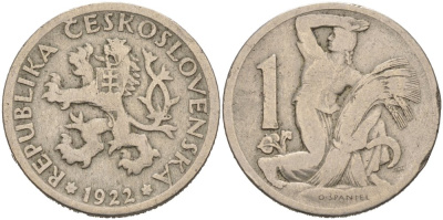 Чехословакия 1 крона 1922 женщина со снопом и серпом KM 4 медно-никель 4579-131