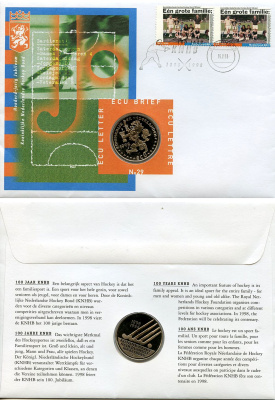 Нидерланды 1 экю 1998 Хоккей на траве, в оригинальном конверте, с марками, первый день гашения X 229 медно-никель BU 4-3-8-19