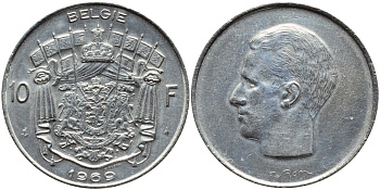 БЕЛЬГИЯ 10 ФРАНКОВ 1969 BELGIE, БОДУЭН I (1951-1993) KM 156.1 никель 4385-726