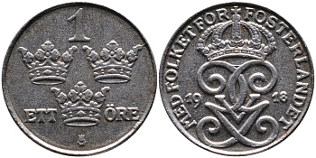 Швеция 1 эре 1918 Густав V (1907-1950) KM 789 железо 4387-536