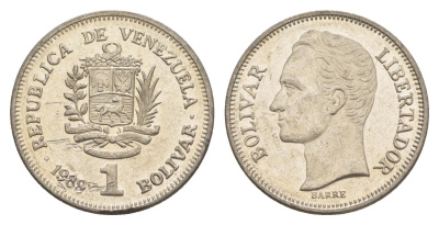 Венесуэла 1 боливар 1989 Симон Боливар, тонкий шрифт Y 52a.1 сталь плакированная никелем 4589-837