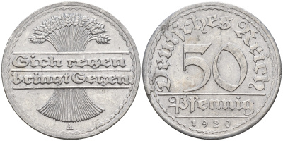 Германия 50 пфеннигов 1920 А KM 27 J. 301 алюминий    4153-254