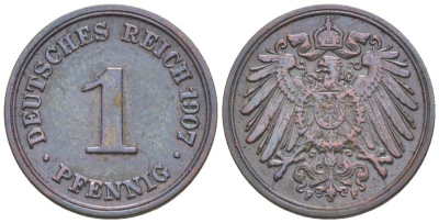 ГЕРМАНИЯ 1 ПФЕННИГ 1907 F KM 10, Jager. 10, Weege 2 медь 4528-1245