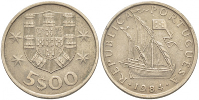 ПОРТУГАЛИЯ 5 ЭСКУДО 1984 ПАРУСНИК KM 591 медно-никель 87-1254
