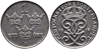 Швеция 1 эре 1918 Густав V (1907-1950) KM 789 железо 4387-536